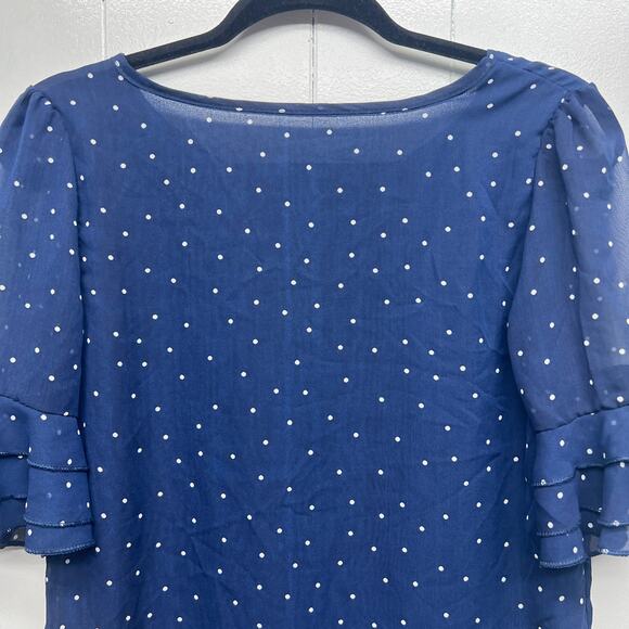 Women's Polka Dot Navy Blue Ruffle Sleeve Women's Top Size Small Lightweight - Picture 7 of 13